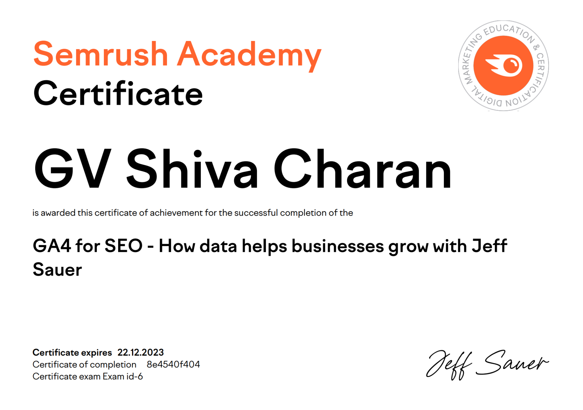 GA4 for SEO — Jeff Sauer certificate